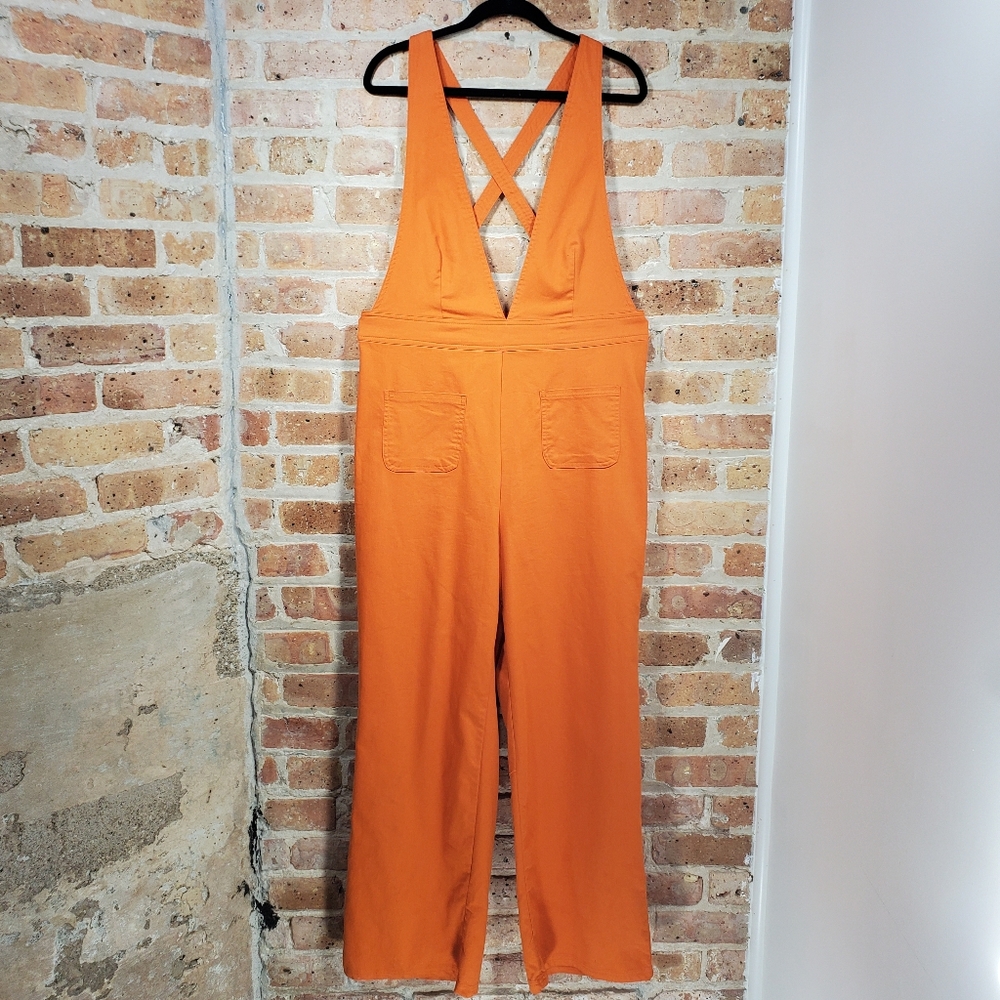 SINCERELY JULES 70's Vibe Orange V-Neck Wide Leg Jean Dungaree Overall Jumpsuit